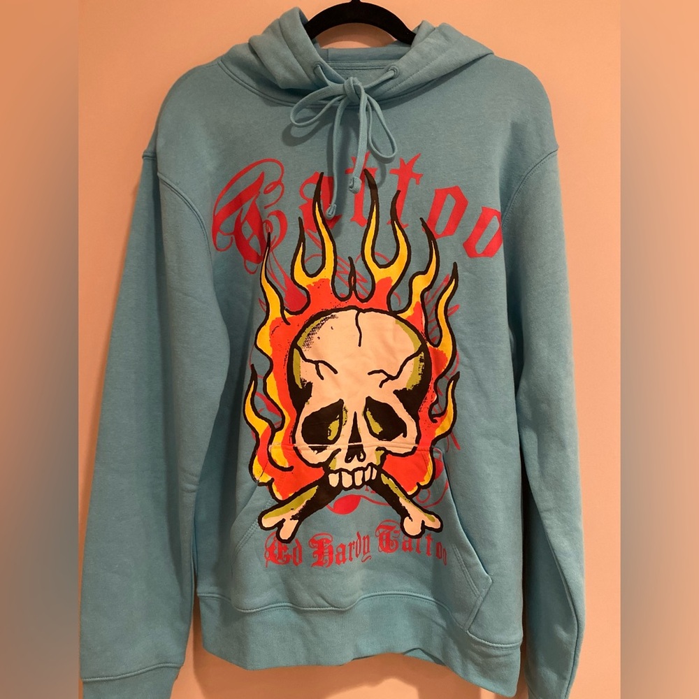 Ed Hardy Pullover Sweatshirt Hoodie Baby Blue Skull Flames Tattoo NWT Medium
